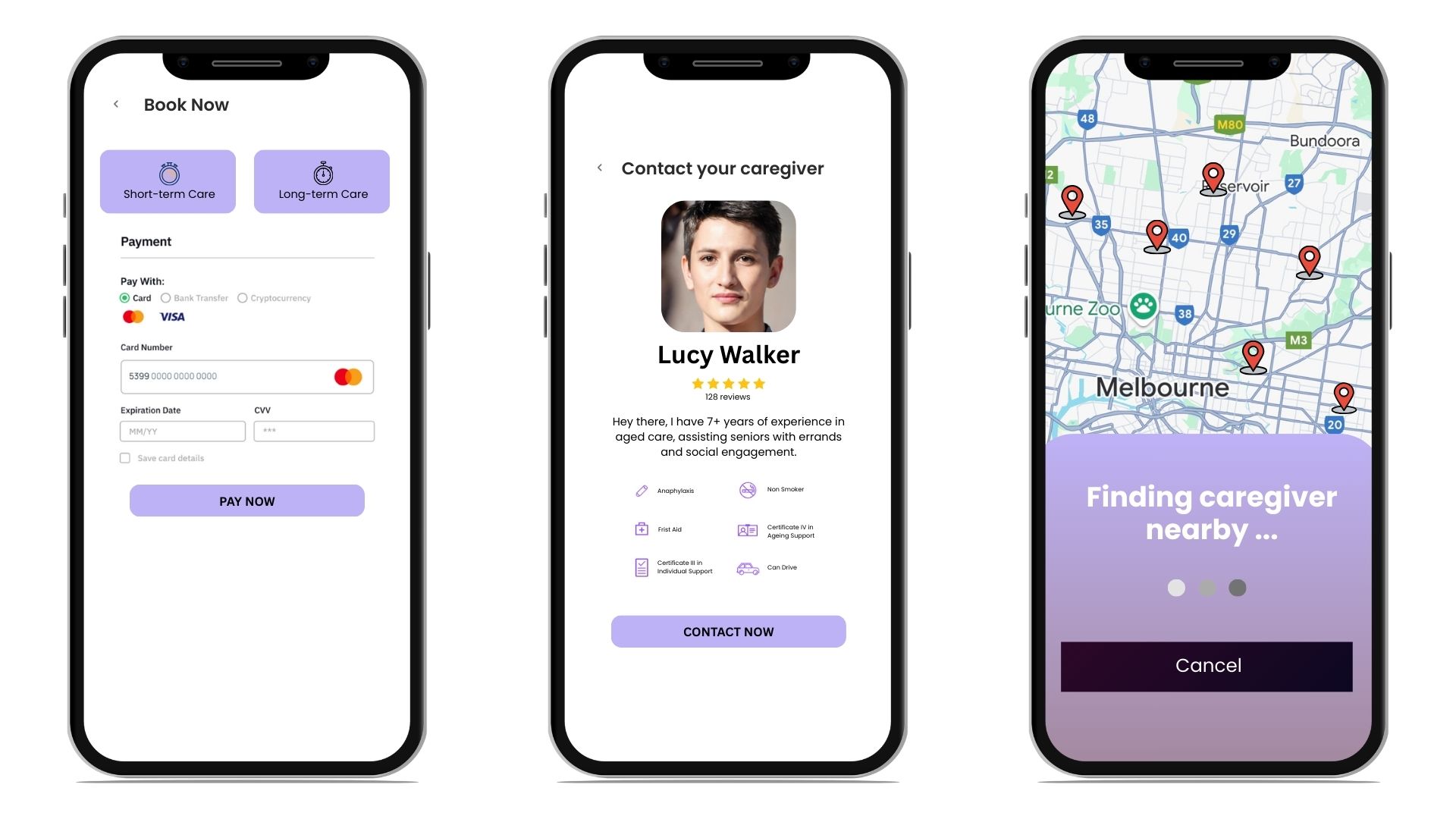 CareNeighbor app features showing booking, caregiver profile, and location tracking